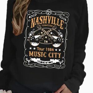Nashville Music City Print Sweatshirt, Casual Long Sleeve Crew Neck Sweatshirt